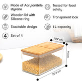 Anko 1 Litre Acrylic Airtight Food Storage Container With Bamboo Wood Lid - Pack of 4|BPA-free Multi-utility Leak-proof Clear Acrylic Container for Spices, Herbs, Nuts,Cereals and other Condiments